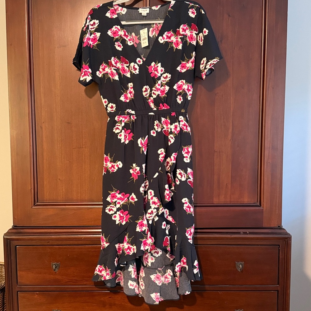 J Crew Hi-lo Floral Black Dress faux wrap neck and elastic waist